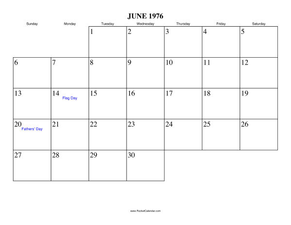 June 1976 Calendar