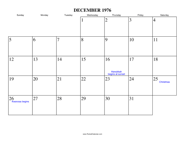 December 1976 Calendar December 1976 Calendar