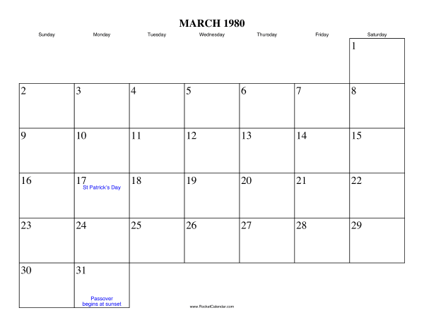 March 1980 Calendar March 1980 Calendar