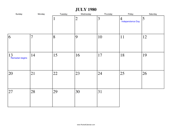 July 1980 Calendar July 1980 Calendar