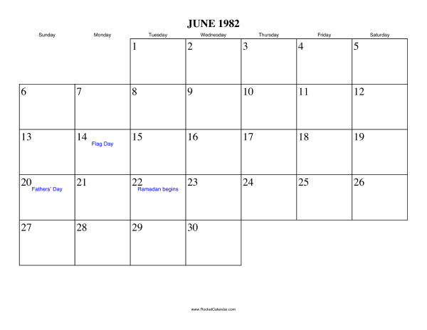 June 1982 Calendar