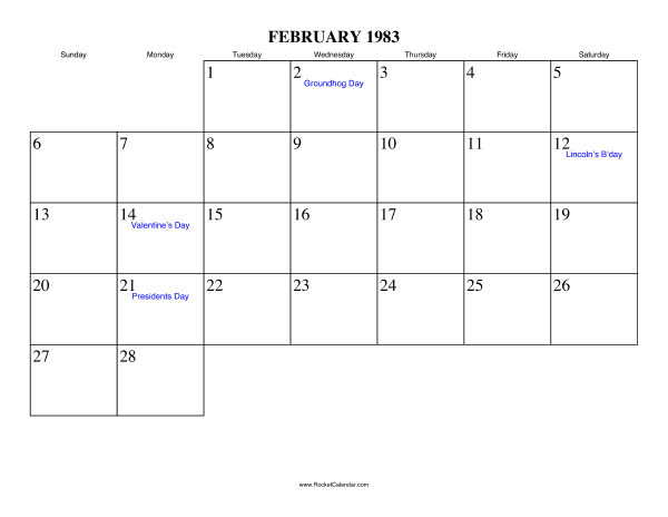 February 1983 Calendar