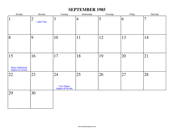September 1985 Calendar