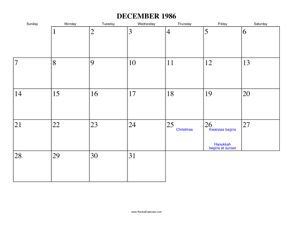 December 1986 Calendar