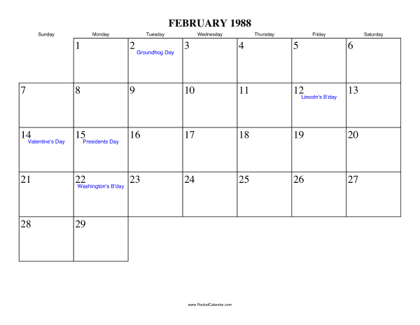 February 1988 Calendar