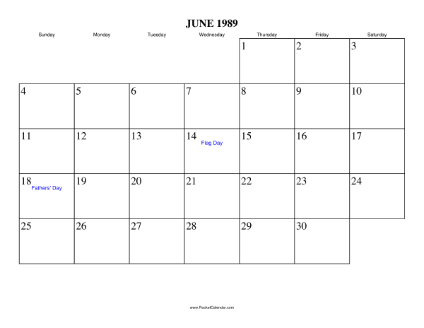 June 1989 Calendar