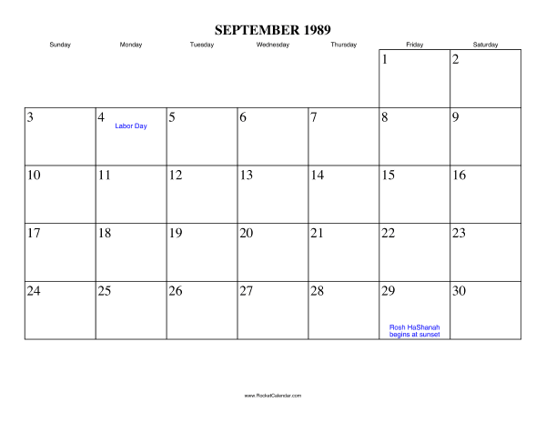 September 1989 Calendar September 1989 Calendar