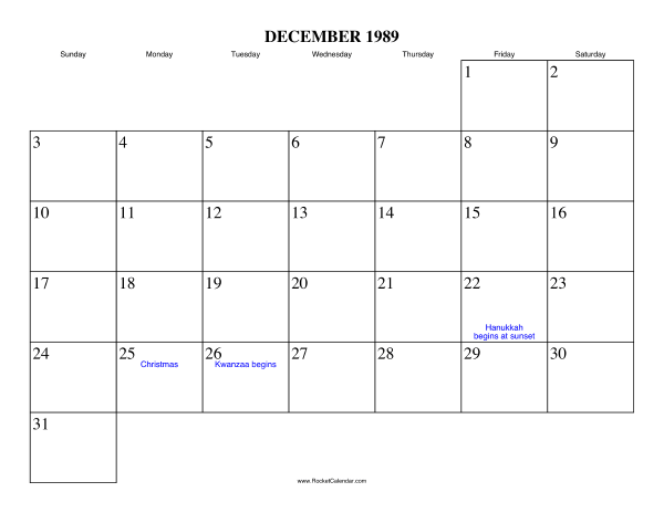 December 1989 Calendar