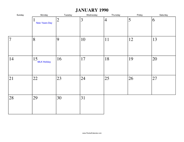 January 1990 Calendar January 1990 Calendar
