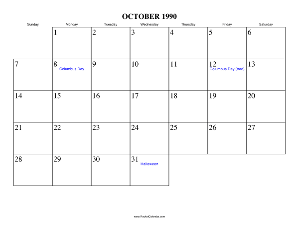 October 1990 Calendar October 1990 Calendar