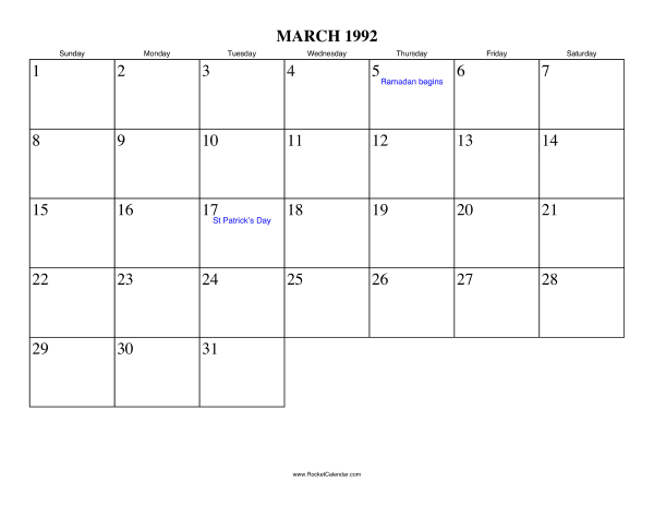 March 1992 Calendar March 1992 Calendar