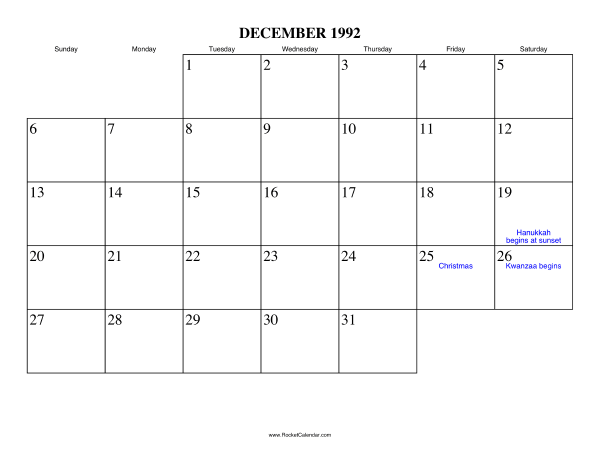 December 1992 Calendar