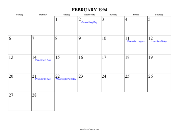 February 1994 Calendar