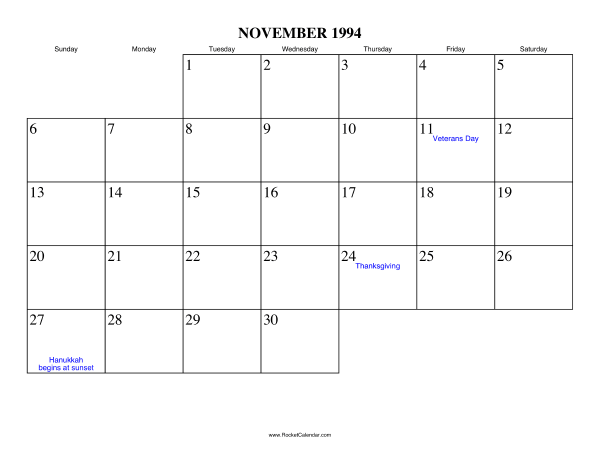 November 1994 Calendar November 1994 Calendar