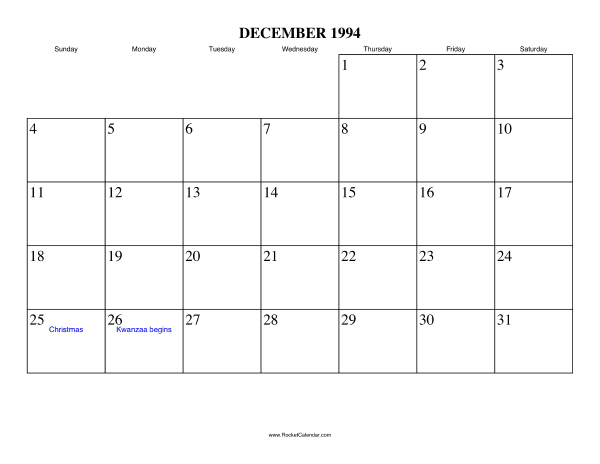 December 1994 Calendar December 1994 Calendar