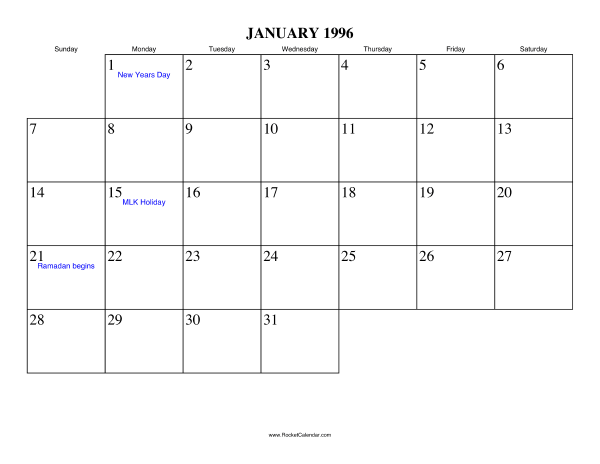 January 1996 Calendar