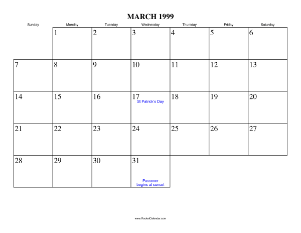 March 1999 Calendar March 1999 Calendar