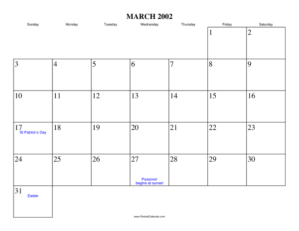 March 2002 Calendar