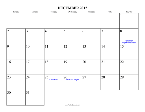December 2012 Calendar
