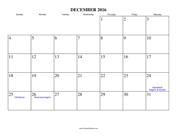 December 2016 Calendar