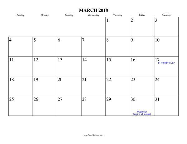 March 2018 Calendar
