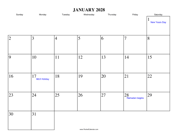 January 2028 Calendar January 2028 Calendar