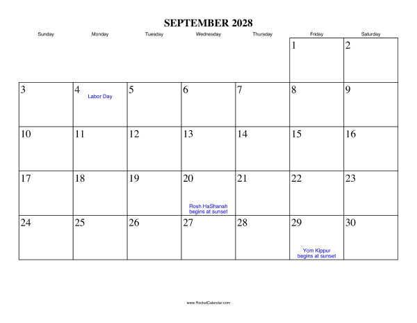 September 2028 Calendar September 2028 Calendar
