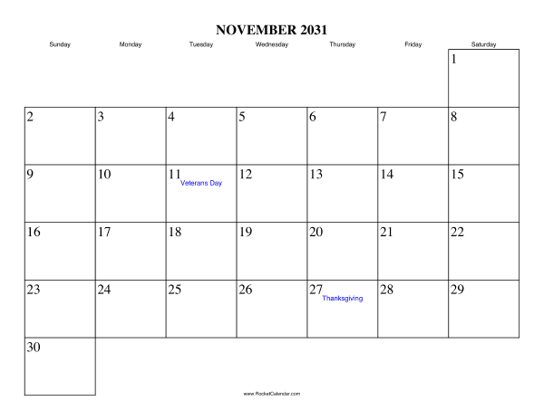 November 2031 Calendar