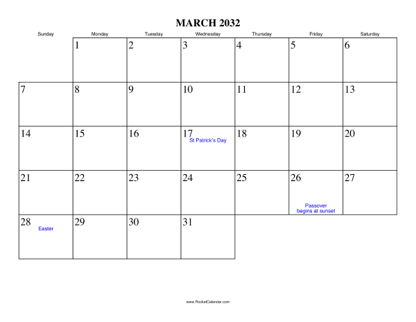 March 2032 Calendar March 2032 Calendar