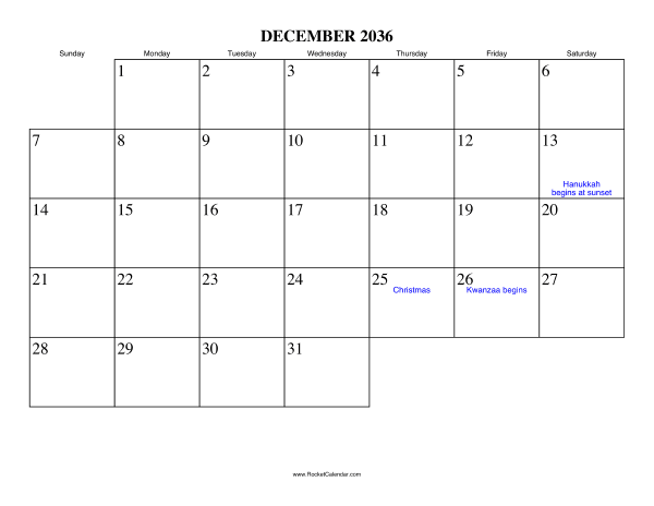 December 2036 Calendar