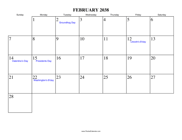 February 2038 Calendar