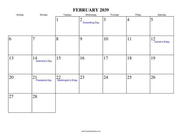 February 2039 Calendar