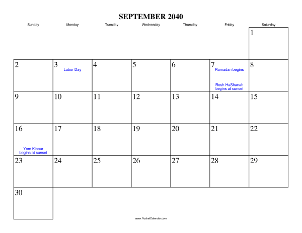 September 2040 Calendar