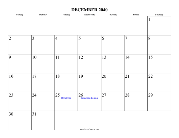 December 2040 Calendar