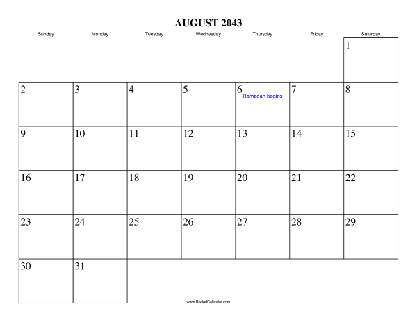August 2043 Calendar