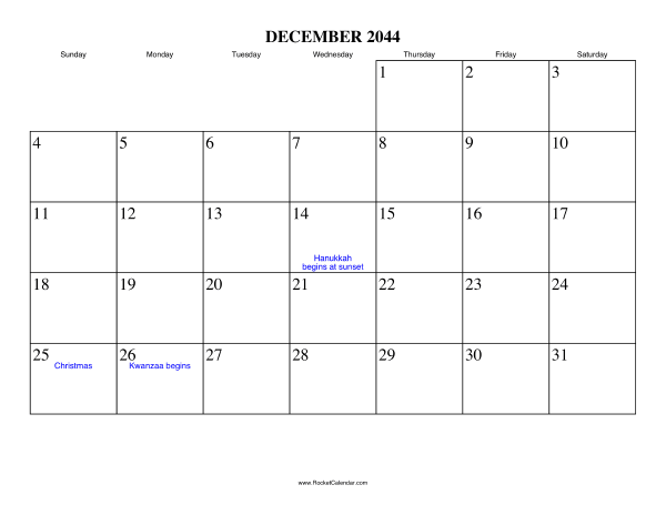 December 2044 Calendar