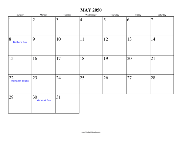 May 2050 Calendar