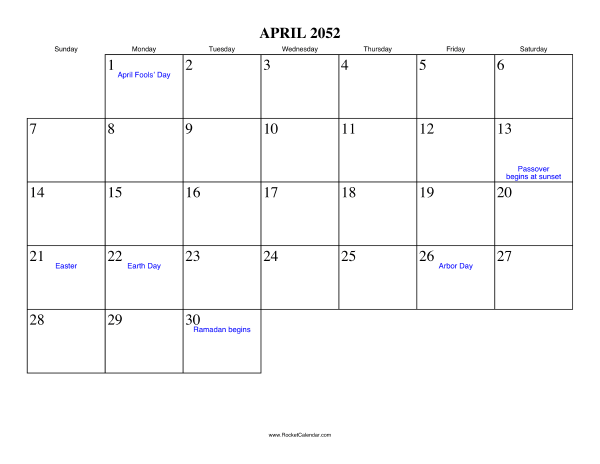 April 2052 Calendar