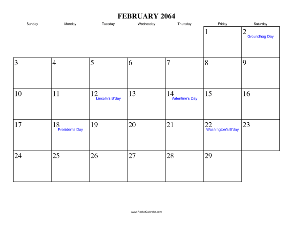 February 2064 Calendar