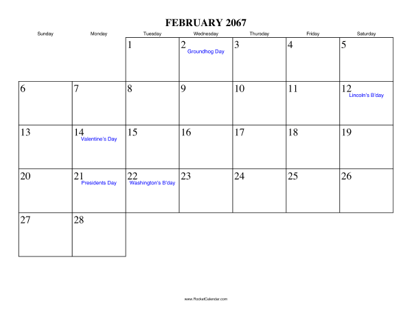 February 2067 Calendar
