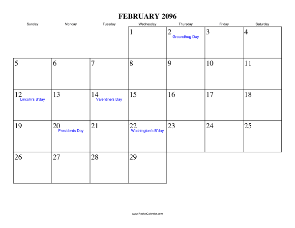 February 2096 Calendar